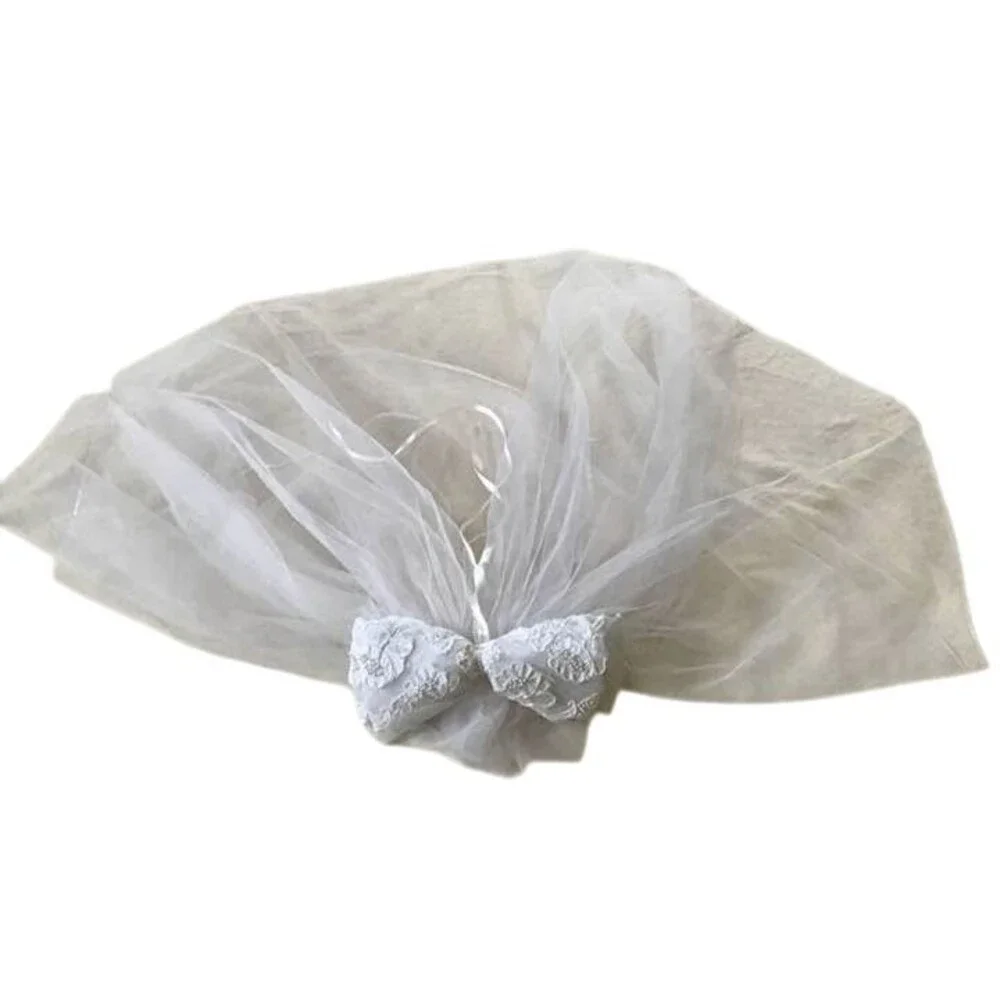 Halloween Costume Wedding Veil Ivory Bow Tulle Beads Half Length Bride Dress Up